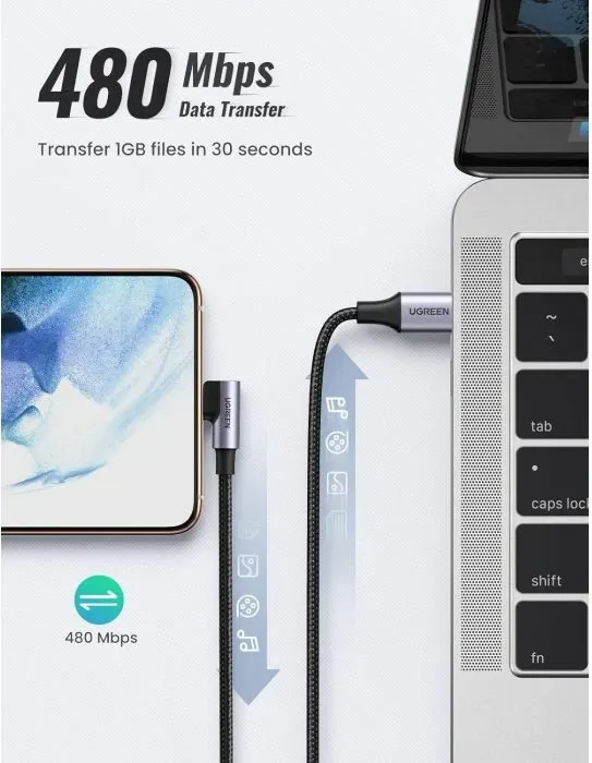 kabllo USB-C në USB-C UGREEN 50125, 60W, 2m, kënd 90°, e thurur najloni, e zezë/argjend - 2