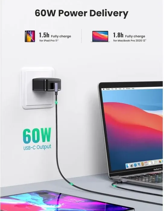 kabllo USB-C në USB-C UGREEN 50125, 60W, 2m, kënd 90°, e thurur najloni, e zezë/argjend - 5