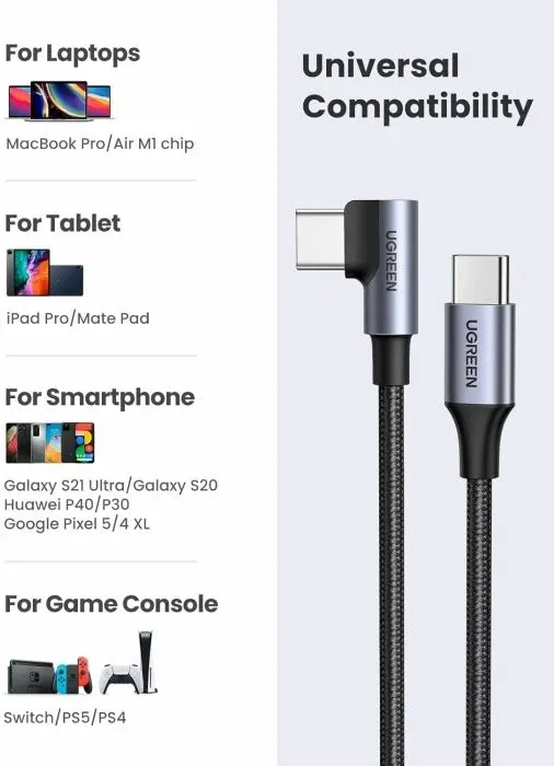 kabllo USB-C në USB-C UGREEN 50125, 60W, 2m, kënd 90°, e thurur najloni, e zezë/argjend - 7