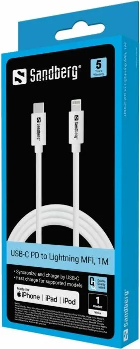 Kabllo karikimi USB-C në Lightning SANDBERG 136-58, 1 m, MFi, e bardhë - 3