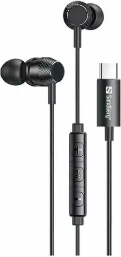 Kufje SANDBERG USB-C/A In-Earset 126-50, me mikrofon në kabllo, kabllo 1.2 m, set me adapter USB-C në USB-A + 3 palë tips, e zezë