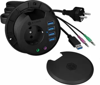 Hub USB desktop ICYBOX IB-HUB1430 4-port USB 3.2 Gen 1 (5 Gbit/s), prizë EU 230 V, 2x audio 3.5 mm, i zi