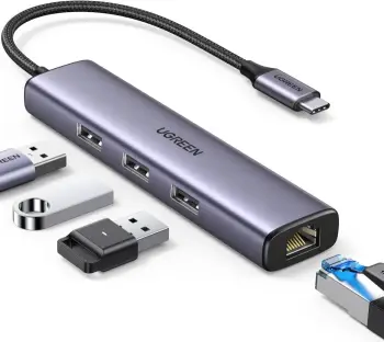 Hub USB-C UGREEN 60600 4-në-1 (3x USB 3.0, Gigabit Ethernet RJ45), gri metalike