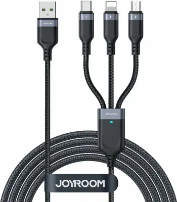 Kabllo 3-në-1, Joyroom S-A18, USB-A në Lightning+USB-C+MicroUSB, 1.2 m, 3.5A, USB 2.0 480 Mbps, e zezë