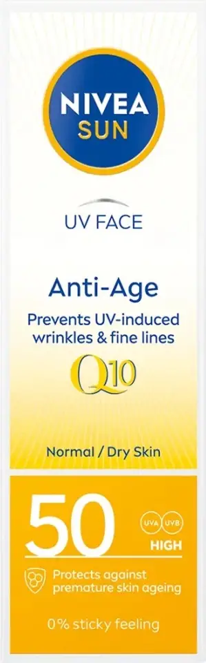 Krem dielli për fytyrë Nivea Sun UV Face Anti-Age Q10 Anti-Wrinkle SPF50 për femra, 50ml