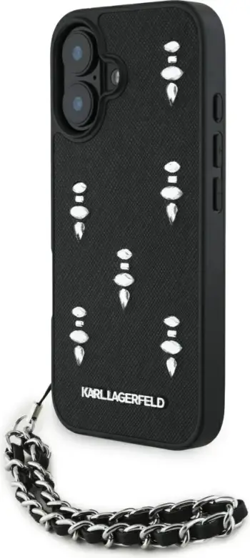 Mbështjellës Karl Lagerfeld Saffiano Crystals me zinxhir për iPhone 16, i zi