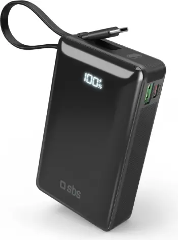 Powerbank SBS 20000 mAh 20W me kabllo USB-C të integruar dhe ekran digjital, e zezë