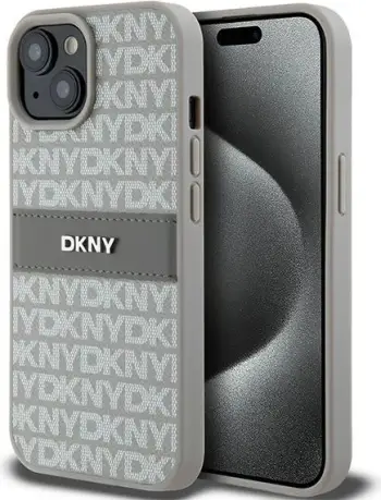 Mbështjellës DKNY Mono Stripe & Metal Logo për iPhone 15 Plus / 14 Plus, Bezhe
