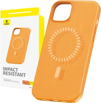 Mbështjellës magnetik për celular Baseus Fauxther Series për iPhone 15 Plus, portokalli