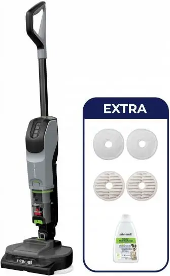 Pastruese dyshemeje me vakum dhe mop pa kabllo, Bissell SpinWave Vac Pet Pro 3898N, 3 moda, autonomi deri 70 min, për shtëpi me kafshë, e zezë/gri, set me jastëkë shtesë dhe solucion 236 ml