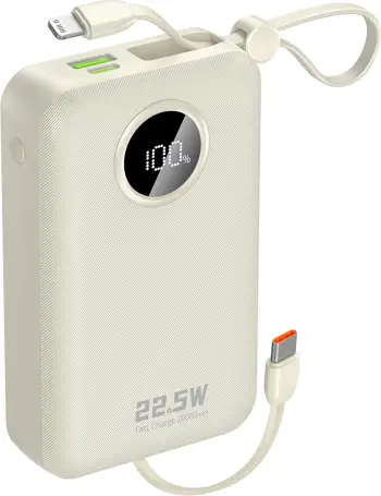 Powerbank, Dudao K14+, 20000 mAh, 22.5W, USB-C/USB-A, kabllo të integruara Lightning dhe USB-C, e bardhë