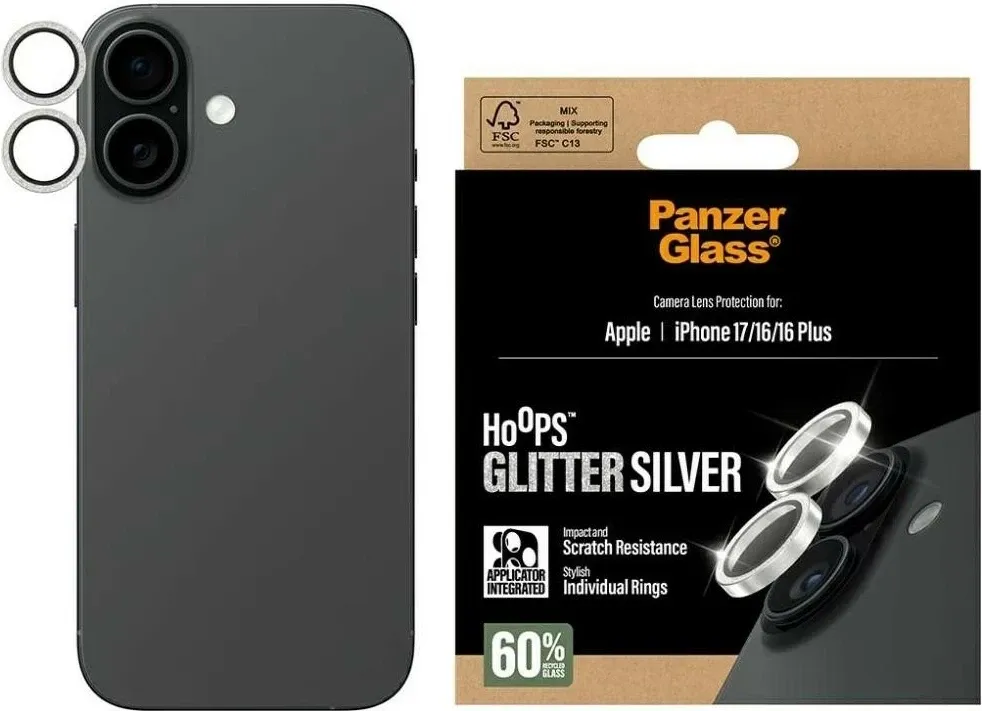Mbështjellës lente PanzerGlass Hoops Glitter për iPhone 17/16/16 Plus, argjendtë - 1