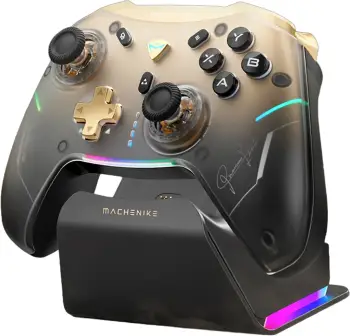 Kontroller lojërash wireless Machenike G5Pro Premium Edition, 2.4GHz/Bluetooth/USB, bateri 600mAh, me stacion karikimi RGB, i zi/ari
