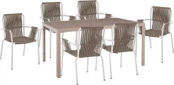 Set për terasë 7 pjesësh, tavolinë kapuçino 150x90 & karrige të bardha me litar FH11500