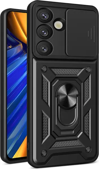 Mbështjellës celular, Hurtel, Hybrid Armor Camshield, për Samsung Galaxy S26, me kapak kamere dhe unazë/stand, i zi