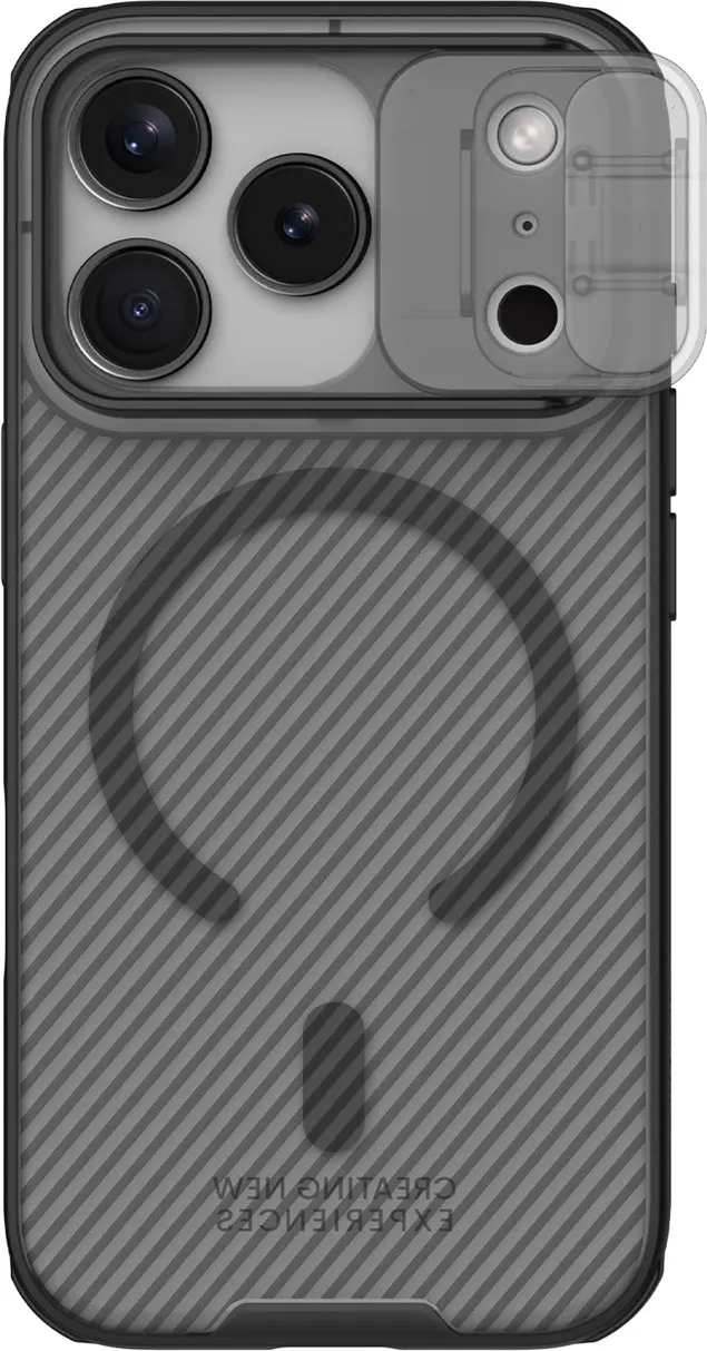 Mbështjellës Nillkin CamShield Pro MagSafe për iPhone 17 Pro Max, PC+TPU, magnet i integruar, kapak rrëshqitës i kamerës, transparent black - 1