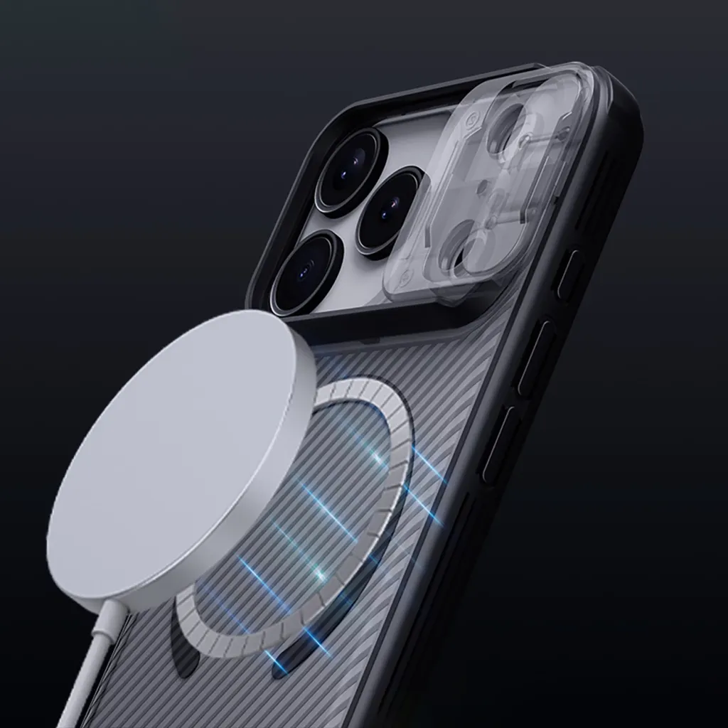 Mbështjellës Nillkin CamShield Pro MagSafe për iPhone 17 Pro Max, PC+TPU, magnet i integruar, kapak rrëshqitës i kamerës, transparent black - 9