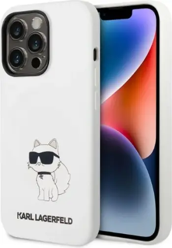 Mbështjellës, Karl Lagerfeld, KLHMP14LSNCHBCH, për iPhone 14 Pro 6.1", silikon hardcase me MagSafe, Choupette Ikonik, bardhë