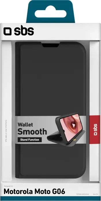 Mbështjellës wallet SBS Wallet Smooth për Motorola Moto G06, me kapak flip, xhep karte, stand, i zi