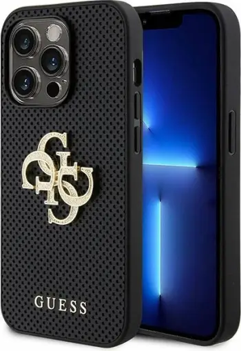 Mbështjellës Guess Perforated 4G Glitter Logo për iPhone 15 Pro 6.1\", hardcase TPU + lëkurë eko, i zi, në kuti