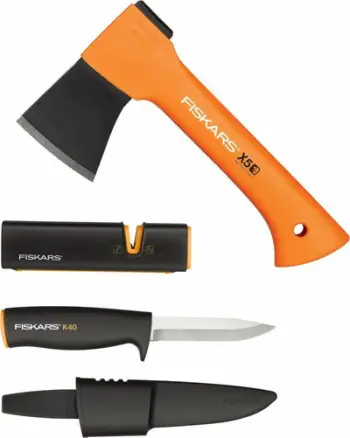 Set kampingu Fiskars 1057913, sëpatë dhe thikë, me mprehës Xsharp