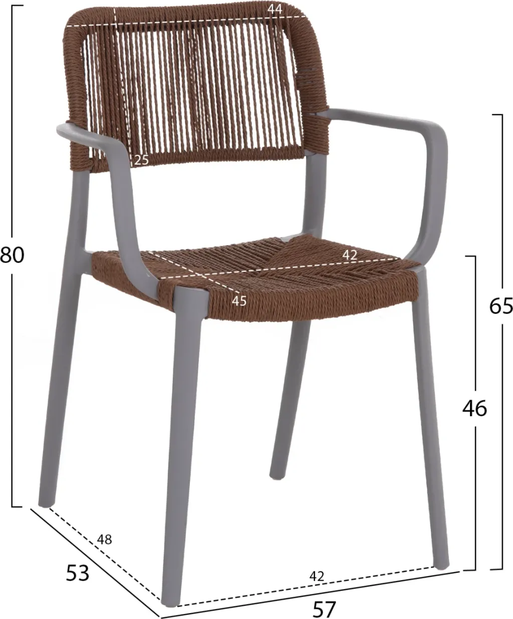 Karrige për jashtë STRIDER, polipropilen gri, litar kafe, 57x53x80cm - 2