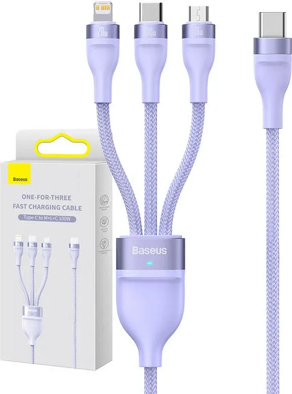 Kabllo 3-në-1 Baseus Flash Series 2, 1.5m, 100W, USB-C + micro USB + Lightning, vjollcë - 1