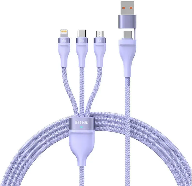 Kabllo 3-në-1 Baseus Flash Series 2, 1.5m, 100W, USB-C + micro USB + Lightning, vjollcë - 2