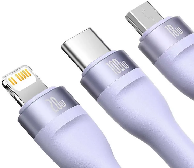 Kabllo 3-në-1 Baseus Flash Series 2, 1.5m, 100W, USB-C + micro USB + Lightning, vjollcë - 4