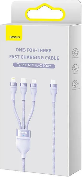Kabllo 3-në-1 Baseus Flash Series 2, 1.5m, 100W, USB-C + micro USB + Lightning, vjollcë - 6