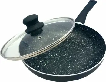 Tigan skuqjeje KingHoff KH-3959 28 cm, veshje mermeri, me kapak qelqi, dorezë silikoni, i zi