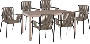 Set për darkë 7 pjesë, tavolinë kapuçino 150x90 dhe karrige me krahë gri qymyr me litar FH11501