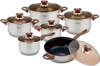 Set tenxheresh dhe tiganësh KingHoff KH 1768, 12 copë, inox, për induksion, imitacion druri, rozë-artë