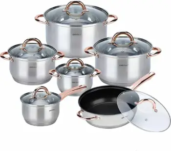 Set tenxheresh dhe tigan inox KingHoff KH 1768, 12 copë, për induksion, kapakë xhami, argjend me aksente rozë-ari