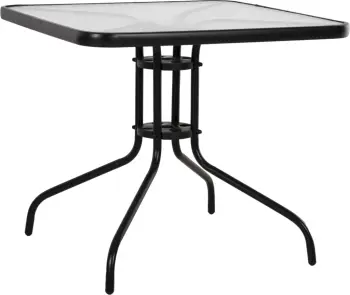 Tavolinë e jashtme katrore FIGO FH5972.03, metalike e zezë me sipërfaqe tavoline prej xhami, 80x80x71 cm