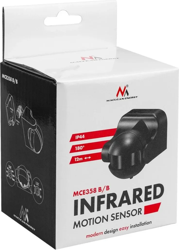 Sensor lëvizjeje PIR Maclean MCE358, IP44, rreze 12 m, ngarkesë max 300/1200 W, i zi - 12