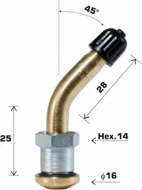 Ventil tubeless për gomë kamioni Trayal 2123, vrimë 9.7mm, i lakuar 45°