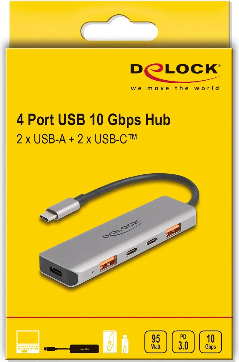 USB hub DeLOCK, 2x USB-A + 2x USB-C, 10 Gbps, PD 95W, gri - 3