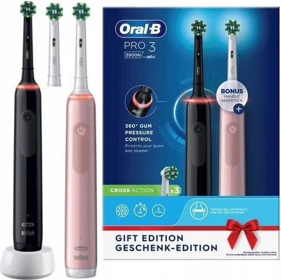 Furçë dhëmbësh elektrike Oral-B Pro 3 3900N Duo, e zezë dhe rozë - 1