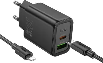 Karikues HOCO N61 GaN PD 20W USB-A + Type-C me kabllo Type-C në Lightning 1 m, zi