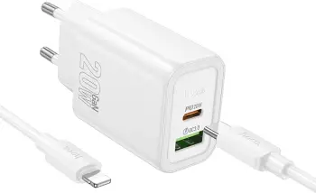 Karikues HOCO N61 GaN PD 20W, USB-A + USB-C, me kabllo Type-C to Lightning 1 m, i bardhë