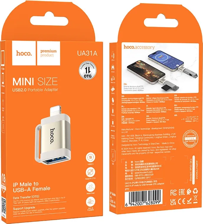 Adapter OTG HOCO UA31A USB-A në Lightning, 480 Mbps, argjend - 4