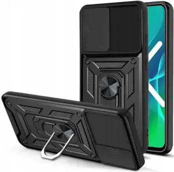 Mbështjellës silikonik armor me unazë për Celular Xiaomi Redmi 12C, ONASI 17342, me slider mbrojtës kamere, i zi