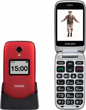 Telefon me kapak Evolveo EasyPhone FS EP-771 4G ekran 2.8\" SOS GPS/WiFi/GSM sensor rënie ekran dytësor, i kuq, set me stacion karikimi