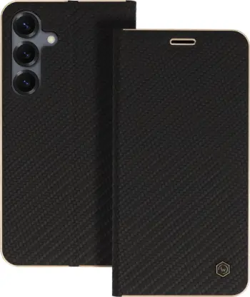 Mbështjellës flip HAVANA Premium 23611 për Samsung Galaxy S25 5G, me stand, magnet të fshehtë, xhep karte, Carbon Black me skaj Gold