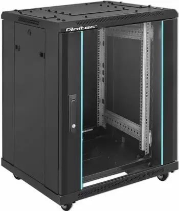 Kasë RACK Qoltec 54518, 19", 15U, 600x855x600mm, xham i fortë, këmbë + rrota, e zezë