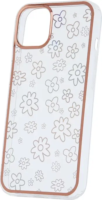Mbështjellës silikoni ONASI Valentine për iPhone 14 Plus, me kornizë, holografik me lule, transparent me kornizë rozë