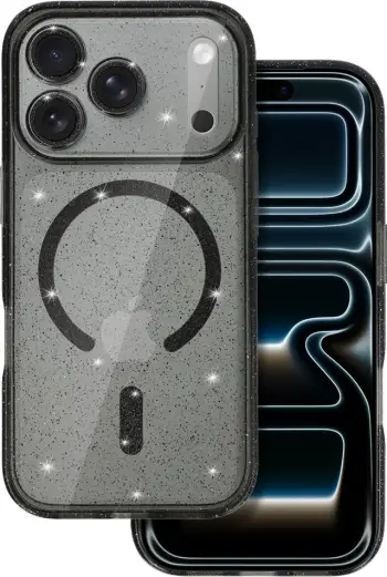 Mbështjellës MagSafe me silikon me glitter ONASI 23907 për iPhone 17 Pro Max, transparent e zezë me glitter