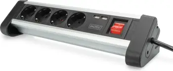 Shirit prizash Digitus 4-dalje me 2x porta USB, 1.5 m, i brendshëm, Tipi E / F, Tipi F (CEE 7/4), i zi, argjendtë, alumin