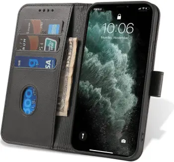 Mbështjellës portofol lëkure ONASI 23982 për iPhone 17 Pro Max, mbyllje magnetike, stand, me xhepa kartelash, i zi